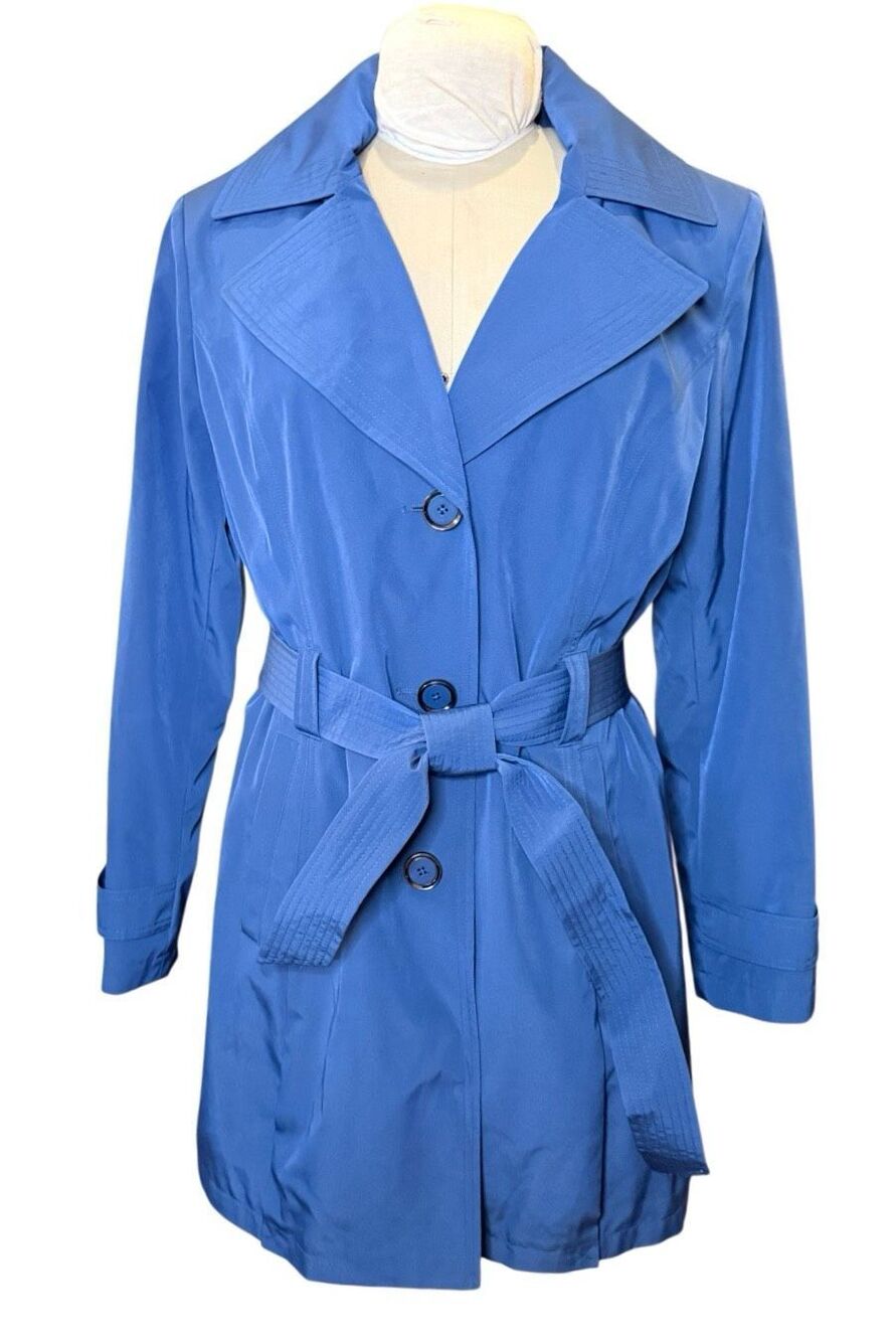 London Fog Vintage Blue Trench Coat Large Hood Belted Classic